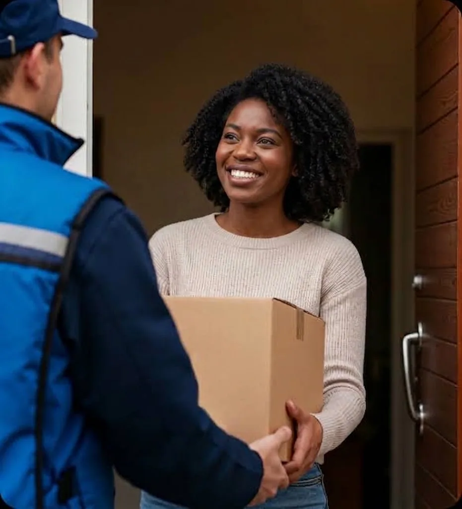 A delivery courier handing a parcel to a smiling customer at her doorstep