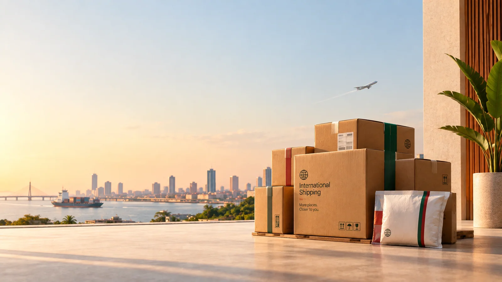 A stack of Phyllora international shipping boxes on a terrace overlooking a harbour city at sunset, with a cargo ship and plane in the distance.